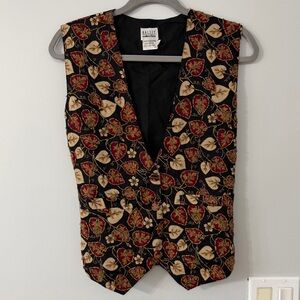 Vintage Beaded Floral Vest Black Red Gold 100% Cotton Size XL (A6)